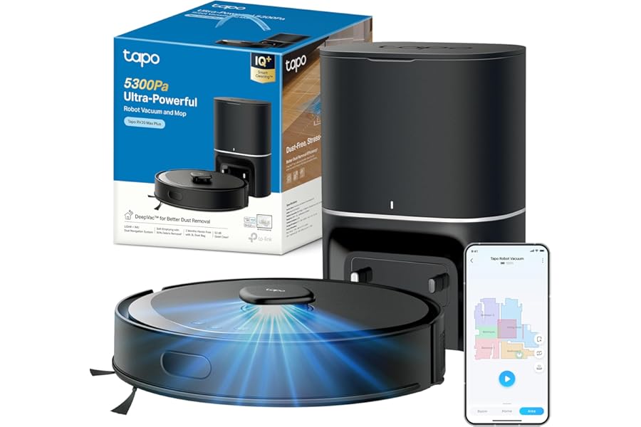 Tapo RV30 Max Plus Robot Vacuum Cleaner with 5300Pa Mapping, 3L Automatic Dust Emptying, Double Navigation LiDAR +IMU, No-Go Zones and Virtual Walls, APP & Alexa & Google Control
