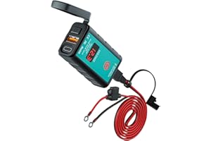 Kriogor QC3.0 Toma USB para Motocicleta y Conexión USB Tipo C con Voltímetro + Interruptor de Encendido/Apagado + Enchufes de Junta Tórica SAE de 1,4m con Fusible de 10A, Cargador de Coche Resistente