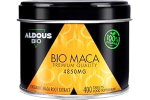 ALDOUS BIO 100% Organic Peruvian Maca Root Capsules - 400 Tablets - High Strength & Highly Concentrated Extract - Increases Energy and Vitality - Vegan & Plastic Free
