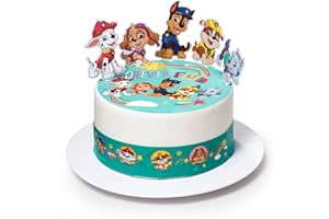 Décoration de gâteau Pat Patrouille avec Ruben, Chase et Marcus | Papier comestible amusantes pour anniversaire | 20cm + 3 rubans 28x5cm + 4 figurines