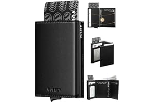 VULKIT Etui na karty kredytowe z przegródką na banknoty, blokowanie RFID, skórzany portfel na karty z okienkiem na dowód osobisty, Skóra bydlęca licowa czarna, Klasyczny