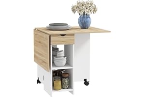 HOMCOM Mesa Plegable de Comedor Mesa de Cocina Plegable con Ruedas Alas Abatibles Cajón y Estantes para 2-4 Personas 120x72x75 cm Roble y Blanco