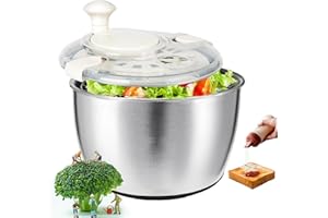 E-GREETSHOPPING Salatschleuder Edelstahl, 4.7 Liter Salatschüssel mit Deckel, Salat GemüSe Schleuder, Salad Trockner mit Kurbelantrieb für Obst Gemüse, Salattrockner Salatmanager, mit a Squeeze-Sauce-Flasche 350ml