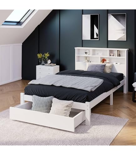 Lit Enfant 90x200cm Lit Simple En Bois Avec 1 Tiroirs 14 Compartiments