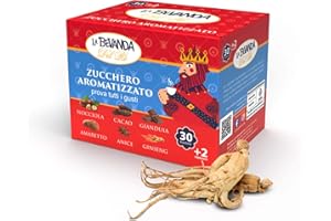 La Bevanda Del Re - Bustine Zucchero Monodose Aromatizzato GINSENG, in una Confezione Self-service, Comodo Scatolo Porta Bustine Zucchero Bianco, Dose 5g, Perfetto Per Caffè, Confezioni da 32