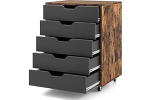 GIANTEX Mobilna komoda do przechowywania 5 szuflad biurowych, szafka na kółkach, uchwyt na drukarkę, dokumenty, dokumenty, 49 x 42 x 67 cm (czarny + przemysłowy)