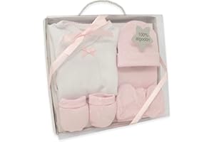 Duffi Baby Set Primera Puesta Bebe Recien Nacido 5 Piezas. Set Regalo Bebe Estrellas. Conjunto Primera Puesta Bebe con Chaquetita, Polaina, Gorro, Babero y Manoplas. 100% Algodon. Color Rosa