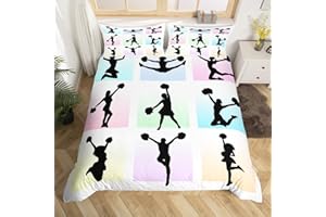 MANFEI Cheerleading Bettbezug Set S Größe,Cheerleader Silhouette Bettwäsche Set Kinder Mädchen Frau Zimmer Dekor,Regenbogen bunte quadratische Plaid Tröster Abdeckung Tanzen Sport Liebhaber Quilt Cover