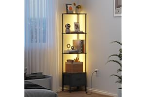 OYRREU Book Shelf with Drawer and LED Light, 4 Tier Tall Corner Shelf Unit, Bookcase for Living Room Bedroom, Narrow Shelving Unit with Fabric Drawer, Black