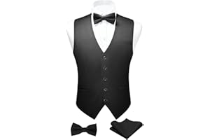 FAIMO Mens Waistcoat Solid Color Waistcoat with Bowtie Pocket Square Set Wedding Party Formal Vest Suit Set XS-4XL