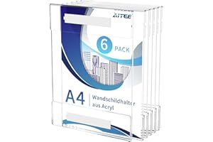 AITEE A4 Acryl Wand Plakathalter: 6 Stück Transparenter Wandhalterung mit 3M Klebestreifen kein Bohren Selbstklebend für Wandanbringung für Büro, Zuhause, Geschäft, Restaurant