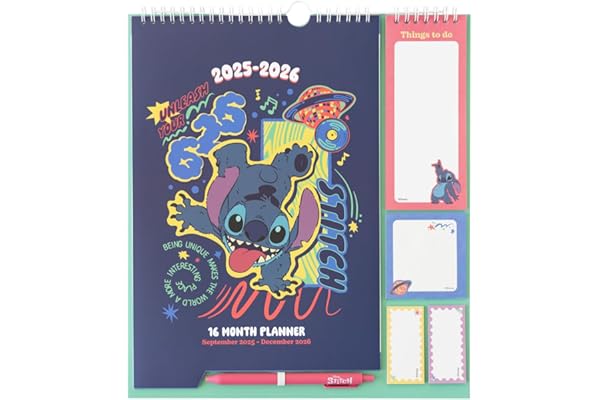 Grupo Erik - Calendrier Disney, Stitch - de Septembre 2025 à Décembre 2026 | Planificateur Mensuel 16 mois, Calendrier Familial 2025 2026 avec Crochet