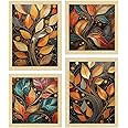 ArtX Paper Golden Mystic Leaves Art PaintingsWith Frame for Home Decor, Wall Painting for Living Room, Multicolor, Set of 4
