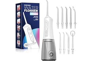 JTF Irrigatore Orale Senza Fili, Portatile Idropulsore Dentale Professionale Ricaricabile, 4 Modalità e 9 ugelli e Capacità 300ML Elettrico Water Flosser Impermeabile IPX7 per Viaggi a Casa(Bianco)