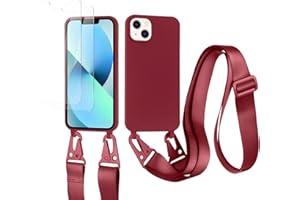 vrupin kompatibel mit iPhone 14 Handykette Hülle,[2 Stück Schutzfolie 9H Härte Gehärtete Folie].Necklace Hülle Nylon Schultergurt Weich Flüssiges Silikon-rot