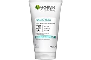 Garnier Pure Active 3in1 Clay Mask-Wash-Scrub 150ml, With Clay, Salicylic Acid, and Niacinamide, Face Cleanser For Oily Skin Prone to Blemishes, Eliminate Impurities & Reduce Pores