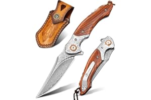 LOTHAR TUNA Couteau de Poche Damas à une Main, Couteau Pliant en Acier Damas 67 Couches VG10, Couteau Damas à une Main Avec Clip de Ceinture, Pour Collection ou Cadeau (A-Bois-clip)