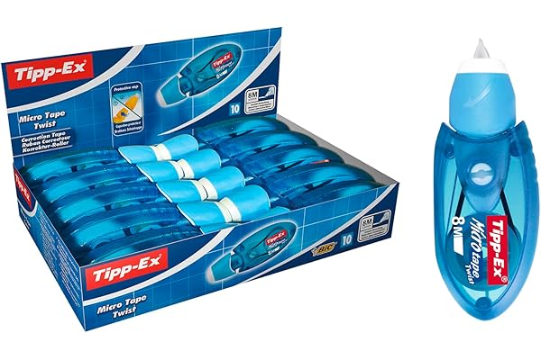BIC Tipp-Ex Cinta Correctora Blanca de Bolígrafos, Óptimo para Material Escolar, Micro Tape Twist, 8m x 5mm, Con Cabezal Rotativo, Caja de 10