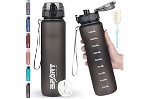 SENPPLE HASAGEI Gourde de sport 1 l - Anti-fuite - Sans BPA - Avec échelle de capacité - Pour vélo, extérieur, école,gym, camping (Noir)