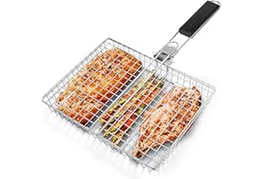 BRAVECOW BBQ Grill Basket Portable Lightweight Anti-scalding Wooden Handle Plating Folding Barbecue Grill Basket Net for Fish Vegetables Meat Chicken Corn