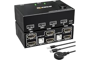 ESKEVE Commutateur KVM HDMI Dual Monitor 2 ports 4K @ 30Hz, commutateur KVM USB HDMI pour 2 PC, 2 moniteurs et 4 concentrateurs USB 2.0, avec 2 câbles HDMI et 2 câbles USB, interrupteur bouton