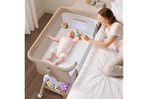 COZYDWELLS 3 in 1 Baby Beside Crib for Babies from Birth to 9kg, Portable Baby Cot Bed Travel Baby Bassinet Bedside Crib Adjustable Height & Incline 4 Lockable Wheels Baby Co-Sleeper for Newborn Infant Khaki