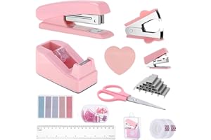 Candcamp Pink Office Supplies Set, Pink Stapler and Tape Dispenser Set with Staple Remover, Staples, Scissor, Clips, Tape, Tabs, ruler, Desk Accessories for Students, Home, office