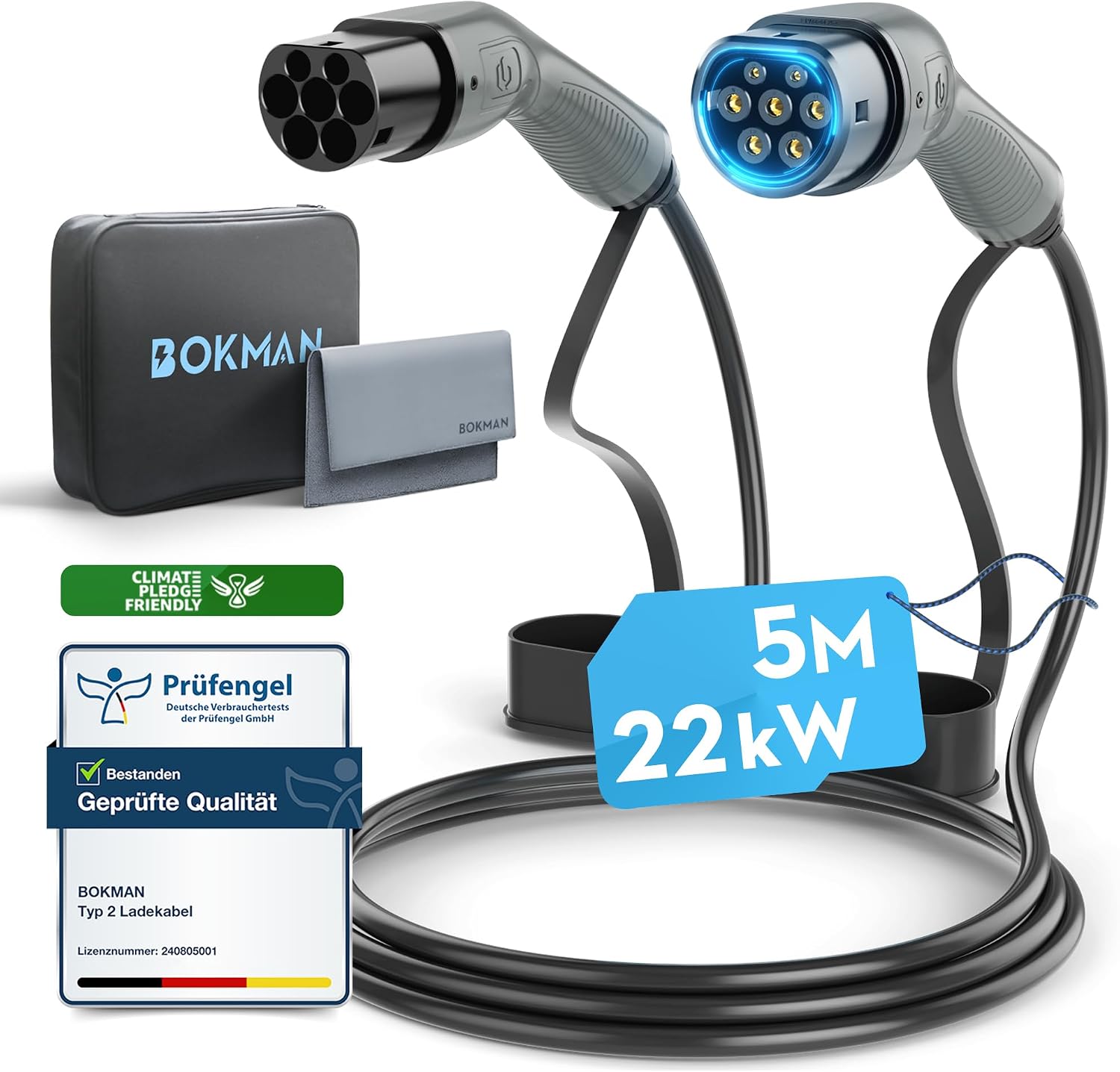 bokman Type 2 EV Charging Cable, Mode 3 / 32A / 22KW / 3 Phase / 5 Meter, Electric Vehicle Car Plug-in Hybrid Type 2 to Type 2 Fast Charging Cable