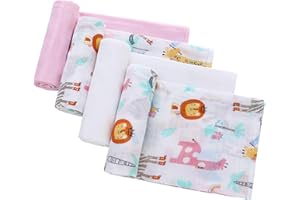 LAT LEE AND TOWN LAT Muselinas Bebe Algodon 70x80cm, 4 Piezas Manta para Bebe Recien Nacidos, Paños de Muselina para Bebe, Toallas Garas para Bebé 100 Algodón Suave y Transpirable (Jirafa+Rosa+Blanca)