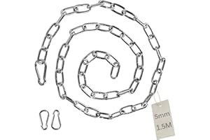 EXLECO 1,5M Edelstahlkette φ5mm Stahlkette Kette Gliederkette Absperrkette Zierkette mit 2 Karabinerhaken Metallkette zum Aufhängen Hundekette Ankerkette Rundgliederkette langgliedrig poliert