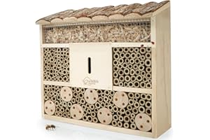 WILDLIFE HOME Hôtel à abeilles I Grand hôtel à insectes avec toit en écorce I Non traité Maison d'abeilles en bois massif pour abeilles, coccinelles, maison à insectes et aide à la nidification à