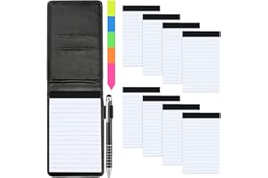 Meetory 11 Pcs Small Pocket Notebook Mini Notepad Set, Included A7 Pu Leather Notebook Pen Holder with 50 Lined Sheets, 8 Notepad Memo Book Refills with 30 Lined Paper, Metal Pen And Index Tag(Black)