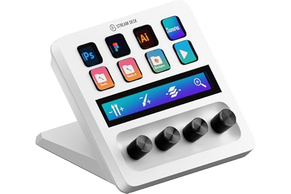 Elgato Stream Deck + White, mezclador de audio, controlador de directo y estudio para streaming, juegos, con banda táctil, diales, teclas LCD personalizables, funciona con Mac, PC