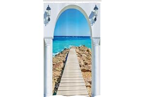 ‎ABAKUHAUS ABAKUHAUS Küsten Schmaler Duschvorhang, Meer mit einem Quay Coast, Badezimmer Deko Set aus Stoff mit Haken, 120 x 180 cm, Aqua Creme Blau