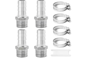 Josaton Barb Hose Fitting Stainless Steel 3/4” Male x 3/4” Barb (19mm), Hose Connector with Hose Clamp 4 Set Hose Pipe Fitting for Air Water Fuel