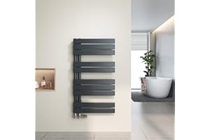 Heilmetz Radiador toallero de tubo plano 500 x 899mm, radiador toallero electrico baño caliente de una cara, conexión lateral para toallero de agua caliente, Antracita