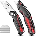 Excefore 2-Pack Utility Knife Box Cutter Set - Retractable & Folding Razor Knife with 20 Extra SK5 Sharp Blades, Red