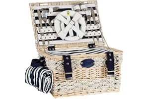 Les Jardins de la Comtesse - Picknickkorb Marine - Komplett/2 Personen - Kühlfach - Keramikteller und Weingläsern/Einer Wasserdichten Tischdecke - Gestreifter Stoff blau und weiß - 40 x 28 x 23 cm