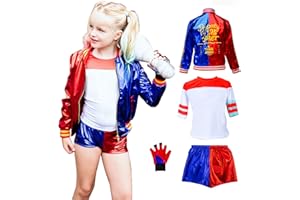 Kitimi Harley Quinn Costumes Kids Women, Girls Fancy Dress Carnival Halloween Villain Costume Include Jacket T-shirt Shorts and Glove for Halloween Carnival Cosplay