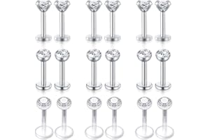 Rajnard Piercing Levre Labret Studs 16G Acier Chirurgical & Bioflex Plastique 6/8/10mm Piercing Tragus Helix CZ Boule