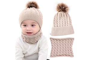 CheChury Conjunto de Bufanda y Gorro de Punto Unisex Niños Niñas Invierno cálido Punto Beanie Gorros con Pompon Bufanda de Punto Cuello Redondo Bebé