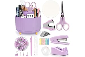 HEBAOGUGU 13-in-1 Stationery Set, Purple Office Accessory with Pen Pot, Tape Dispenser, Stapler and Staple for School, Practical Office Supply with Scissor, Ruler, Color Tabs, Ideal Present for Children