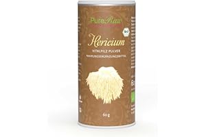 ‎PURERAW Hericium Erinaceus Pilz Pulver Lionsmane (Bio Roh Vegan) Igelstachelbart Löwenmähne PomPom Affenkopfpilz Vitalpilz Pilzpulver Pilze Getrocknet - Raw Organic Lions Mane Mushroom Powder | PureRaw 60g