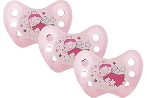 dentistar Night Silicone Soother Set of 3 - Size 3, from 14 Months - Silicone Soother with Dental Step - Glow in The Dark Baby Dummy - Made in Germany - Fairy, Rose