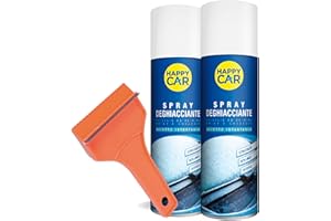 HappyCar - 2pz Deghiacciante Spray + Raschietto - Sciogli Il Ghiaccio - per Parabrezza e Vetri - Sblocca Finestrini, Cerniere, Guarnizioni e Serrature - 300ml