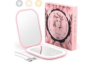 Benbilry Lighted Compact Travel Mirror with 3 Color Lights and Magnification 1X/3X, Ultra Slim Rechargeable Pocket Mirror for Purse, 2-Sided, Handheld, Folding, Portable, Light Pink