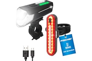 ‎FISCHER Fischer Fahrrad Beleuchtungs-Set 80/40/20 Lux, Akku-Leuchtenset Stop, Front- und Rückleuchte, mit Akku und USB-Ladefunktion, 3 Leuchtfunktionen, Spritzwasserschutz nach IP44, StVZO-zugelassen