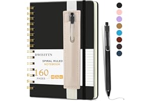 DWIYITTN Carnet de Notes avec Stylo, Cahier Spirale A5 Ligné 160 Pages / 80 Feuilles, Couverture Rigide en Cuir, Journal avec Stylo et Porte-stylo, Carnet Bloc-notes, 14.5 x 21 cm, 80 g/m² - Noir
