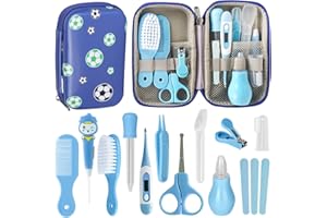 RoseFlower Kit per la Cura del Bambino, 12 Pezzi Set per la Cura del Neonato, con Spazzola Neonato Lima per Unghie Taglia Unghie Pettine Spazzolino Forbicine, Neonato Accessori Blu