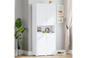 ‎BRINLAWB Mehrzweckschrank 70 cm breit Badschrank Hochschrank mit offenem Fach und 4 Türen, Vorratsschrank Küche Badezimmerschrank Küchenschrank Hoch Aktenschrank Weiß für Wohnzimmer, Küche 33,5x70x190 cm Weiß